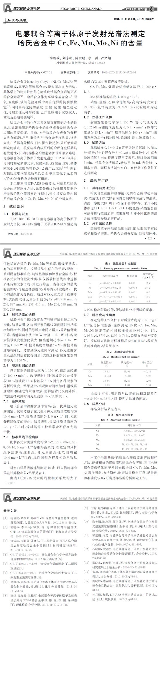 電感耦合等離子體原子發(fā)射光譜法測定哈氏合金中Cr、Fe、Mn、Mo、Ni的含量