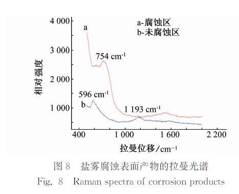 圖８ 鹽霧腐蝕表面產物的拉曼光譜