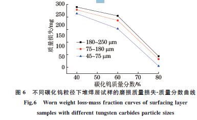 圖６ 不同碳化鎢粒徑下堆焊層試樣的磨損質量損失Ｇ質量分數(shù)曲線